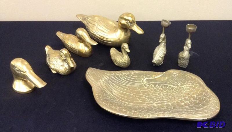 lot 2 image: Brass Duck Figures, Tray & Candle Holders