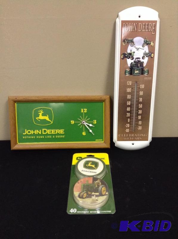 lot 5 image: John Deer Clock, Thermometer & Coasters