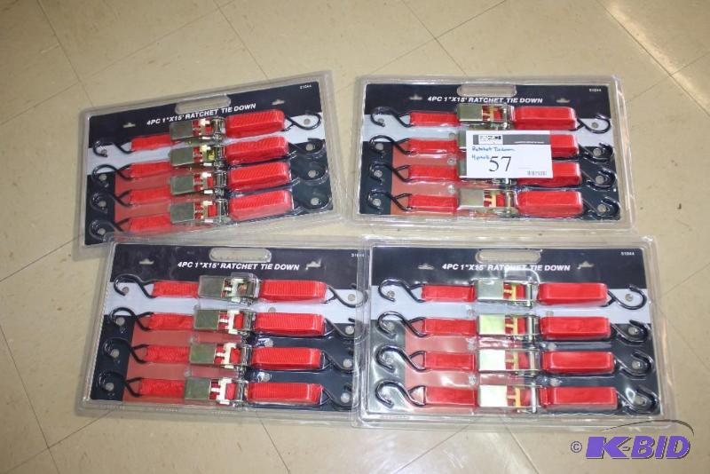 lot 57 image: Lot of (4) Packs of Ratchet Tie Downs.