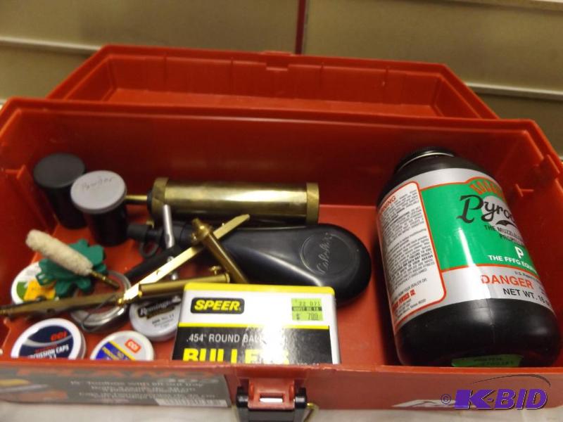 Plastic Tool Box and contents, percussion cap...
