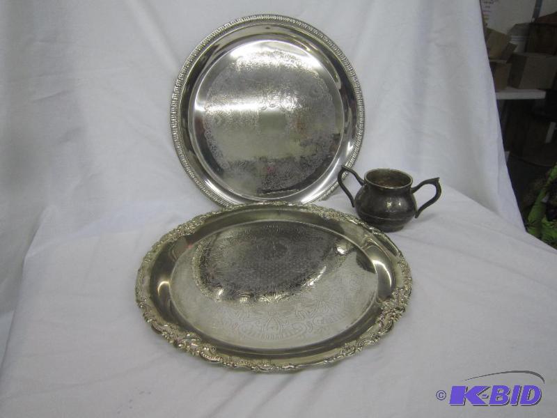 lot 154 image: 2 - 12 Silver Plated Platters and 1 Sugar Century Detrintive Gift from India
