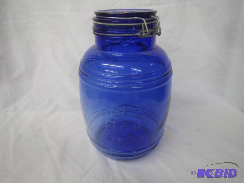 lot 167 image: 10 Blue Canister Jar - Cookie, Flour or Sugar Cracker Barrel Style 3 quart