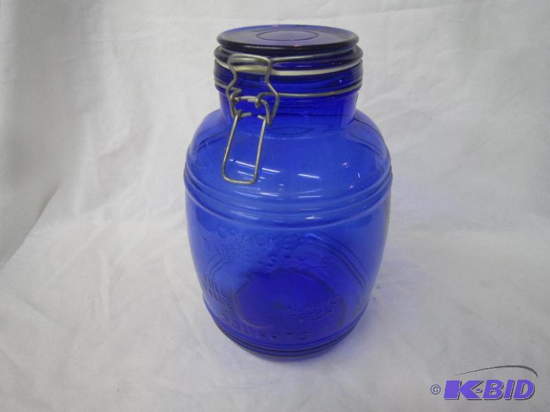 lot 168 image: 10 Blue Canister Jar - Cookie, Flour or Sugar Cracker Barrel Style 3 quart
