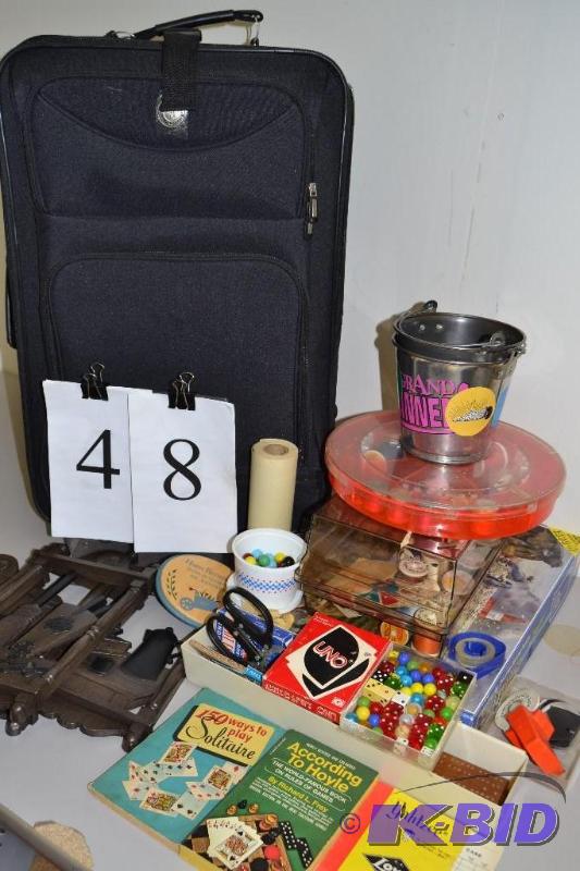 lot 48 image: Suitcase, sewing, games & household
