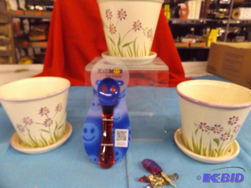 misc household items, three small flower pots...
