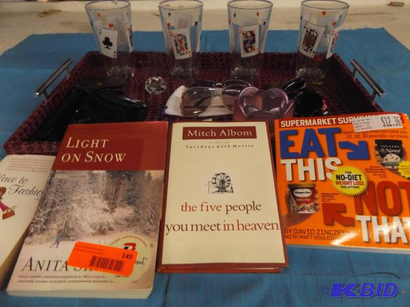 tray, 4 drinking glasses, books, sunglasses...