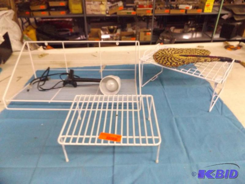 storage racks, wicker hand fan and clip light...