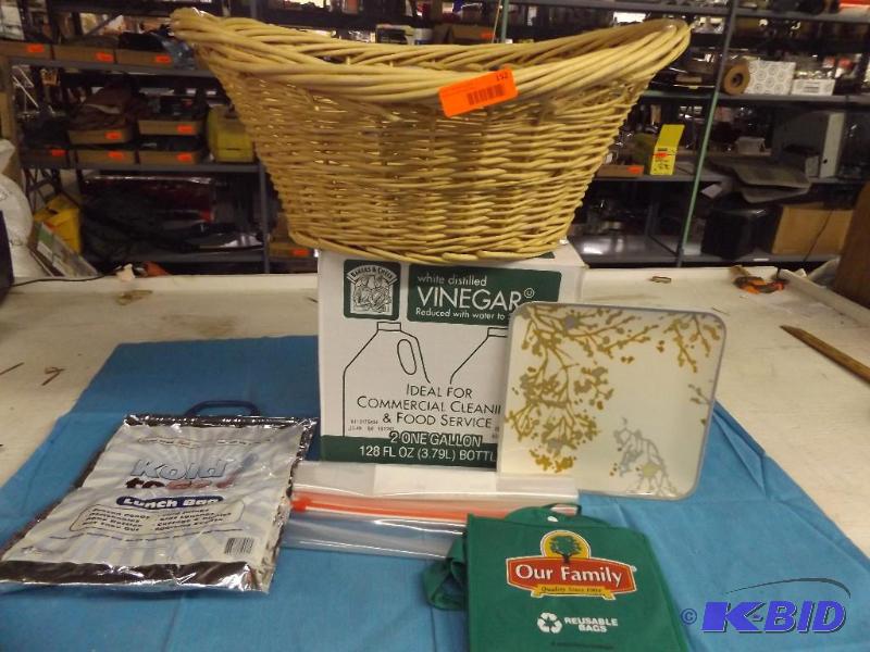 wicker basket, 2 one gallon jugs of vinegar...