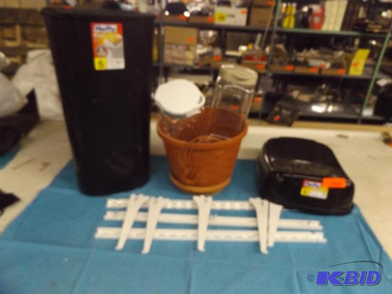 shelving brackets, trash can with lid, flower...