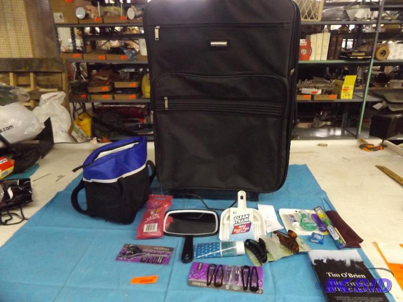 rolling travel suitcase, mirror and hair clip...