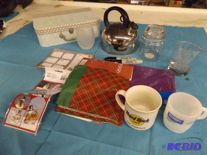 coffee mugs, tea pot, gift tags, sharpie mark...