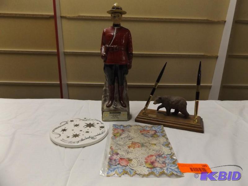 lot 189 image: Desk set with Bear, Canadian Mist Decanter an...