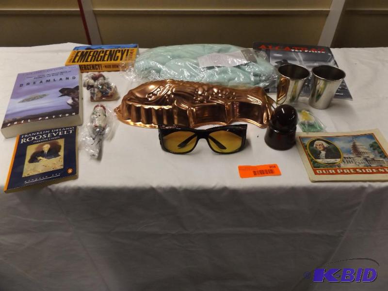 lot 203 image: metal fish form pan, sunglasses, books, neck ...