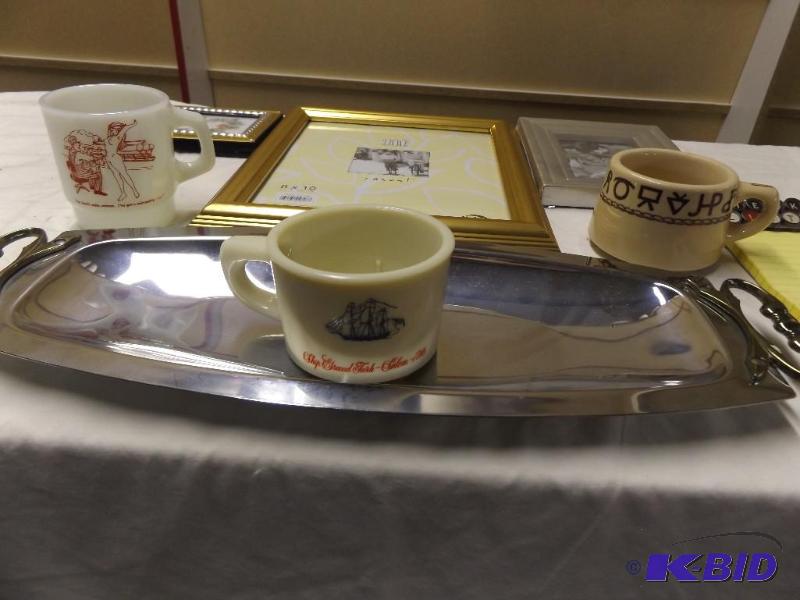 lot 204 image: picture frames, coffee mugs, Kromex tray...