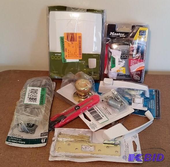 9 item lot of Door handle replacements, safety cable Locks, wired Doorbell and Keys.