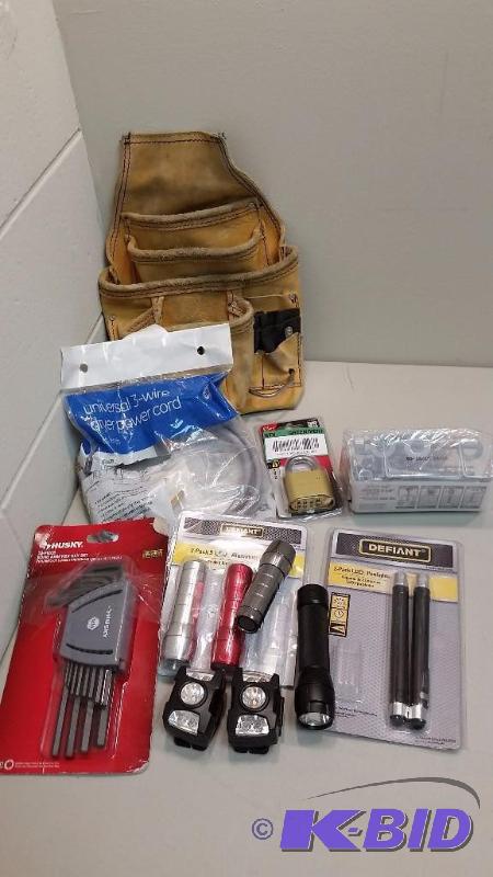 10 Item lot - LED Flashlights, Hex key set, Tool Belt, Dryer power cord, hardware and more