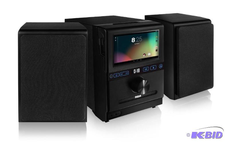 lot 26 image: RCA Home Stereo System w Removable 7-inch Android Tablet and Two 20 Watt Bluetooth Speakers