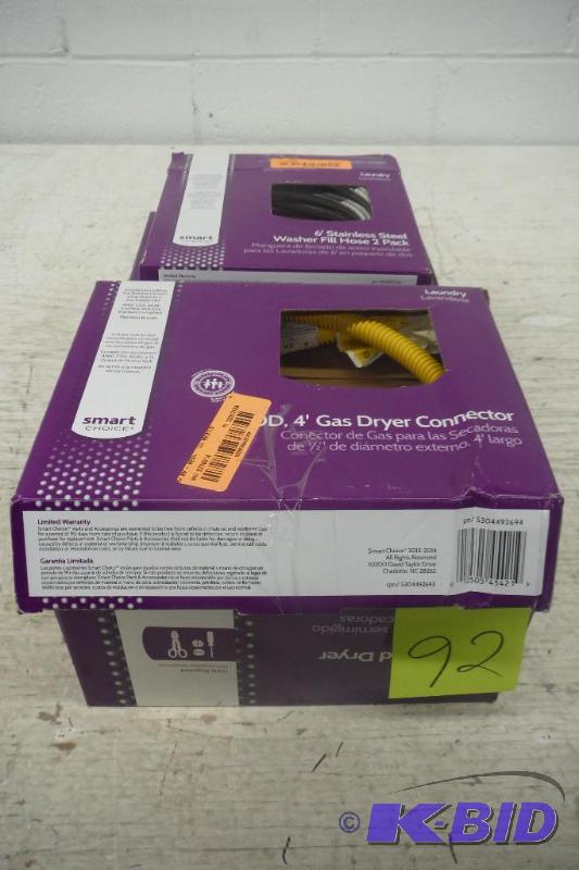 lot 92 image: Washer and dryer sets, 1-8 semirigid Dryer vent kit, 1-set of stainless water lines,1- gas line