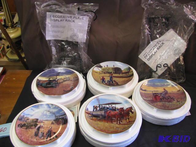 five farming themed plates and two metal wall...