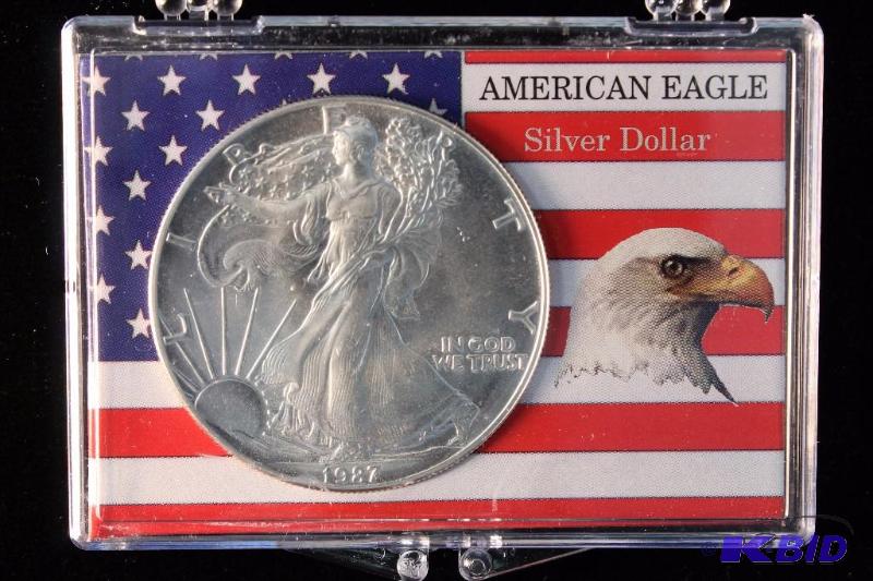 1987 US SILVER EAGLE 1 TROY Oz. .999 FINE SILVER IN HOLDER US DOLLAR COIN