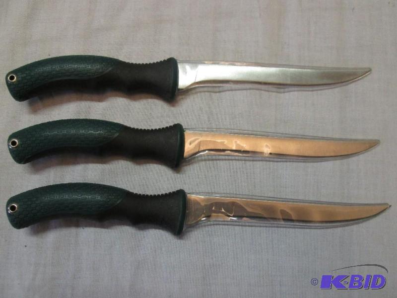 Lot of 3 Fillet Knives w Green Comfort Handl...