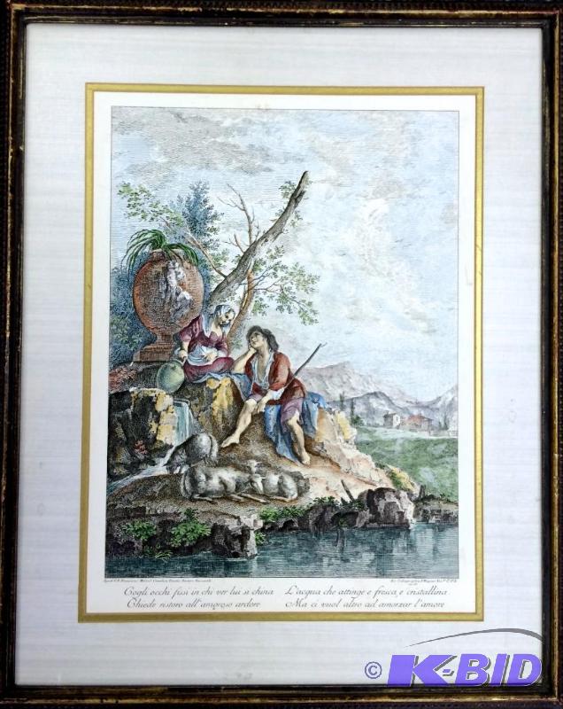 lot 7 image: Original hand colored french Etching Stunning In a gorgeous frame with matting