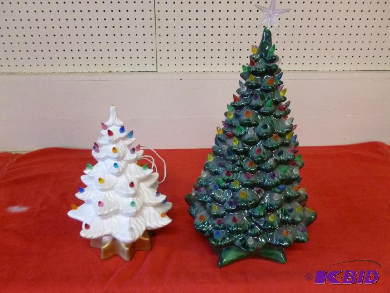 Lot of two large ceramic lighted Christmas tr...