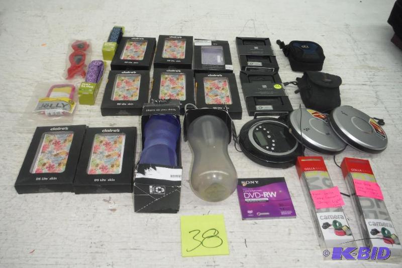 lot 38 image: Lot of nintendo DS cases, iphone 55s cases, 3 portable cd players, water bottles, camera cases and package of mini DVD-RW