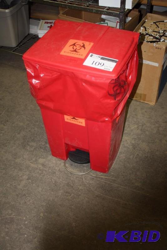 lot 109 image: Hazardous Waste Disposal Trash Can Red 20 x 16 x 32.
