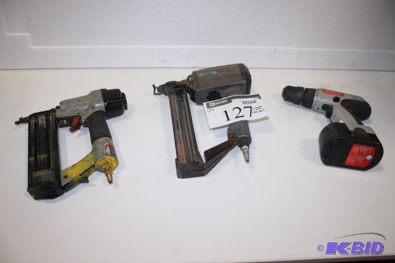 lot 127 image: Lot of (3) Power Tools Including 18V Cordless Drill Air Stapler Air Nailer.