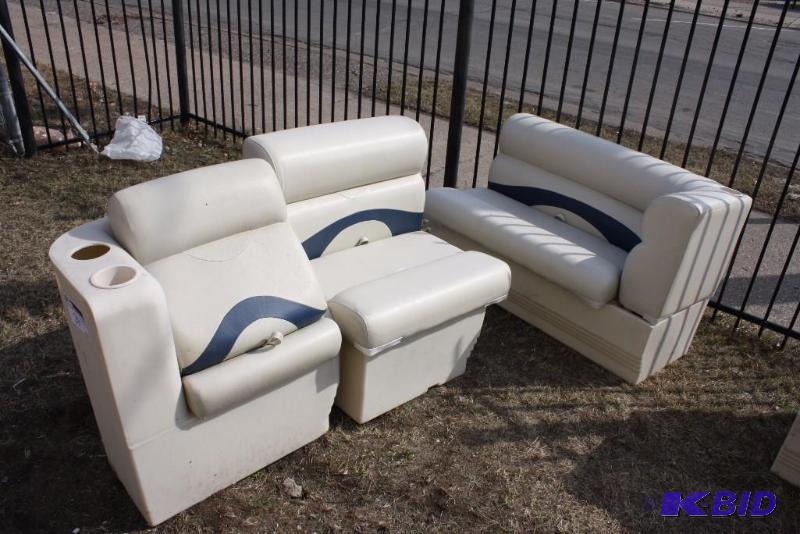 lot 29 image: Lot of (3) Pontoon Seats Cupholders Storage 46 x 24 x 31 27 x 24 x 31 27 x 18 x 31.