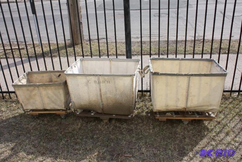 lot 32 image: Lot of (3) Mail Carts Cloth wMetal bases 36 x 24 x 3, app. 2 ct 16 x 24 x 20.