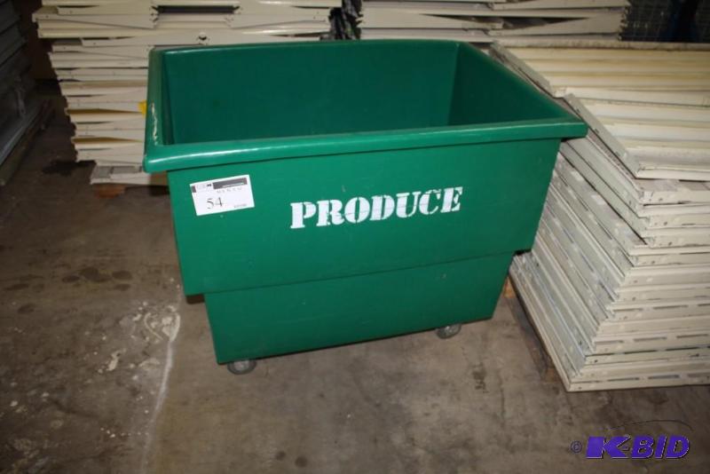 lot 54 image: Produce ContainerPlastic Tote wReinforced Base & Wheels Green 46 x 32 x 36.