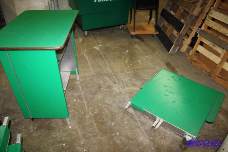 lot 57 image: Lot of (2) Collapsible Tables For Display Purposes Green Shelves wTop 36 x 24 x 36.
