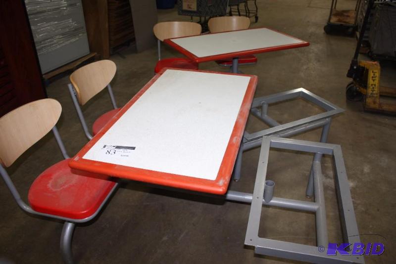 lot 83 image: Lot of (2) Restaurant Bench Seat Tables wChairs RedWhite 64 x 42 x 31.