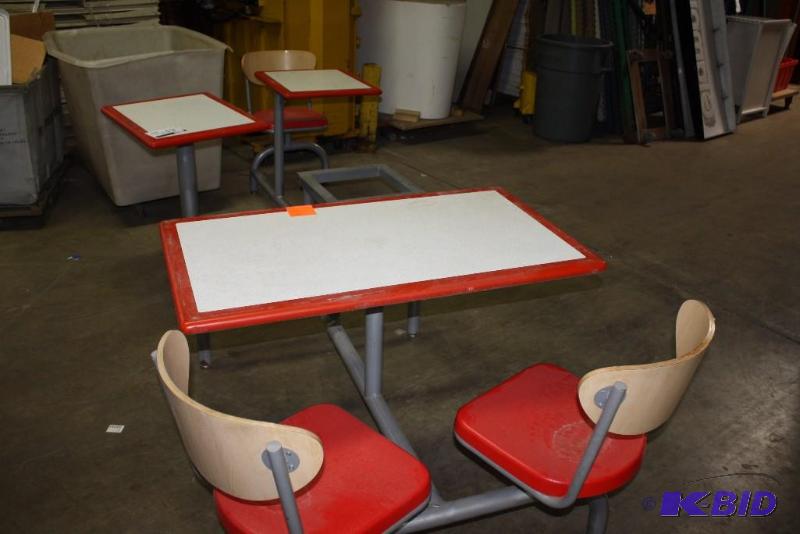 lot 84 image: Lot of (3) Including Restaurant Bench Seat Tables wChairs RedWhite 64 x 42 x 31 Table, 64 x