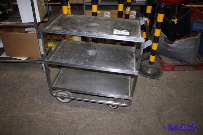 lot 87 image: Metal CartDolly 3 Shelves wHandle & Wheels Stainless Steel 36.5 x 21.5 x 37.