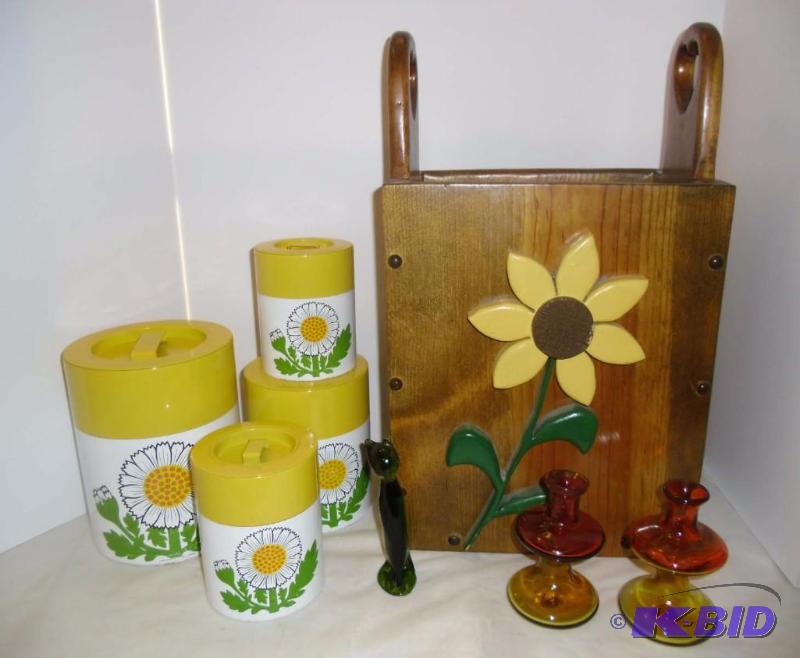 lot 1 image: Flower Power Kitchen  Vintage 1970s Yellow Orange & Green Kitchen Collectibles