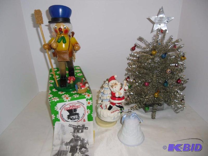 lot 13 image: Christmas Lladro Bell Ornament  1950s Aluminum Tree  Josef Originals Santa  Steinbach Figure