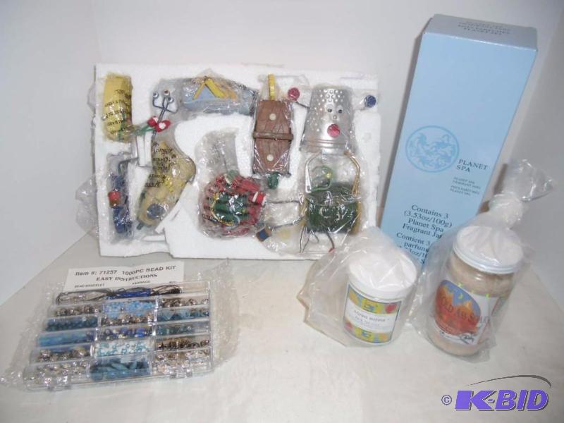 lot 19 image: Ungifted Gifts  Sewing Shelf Sitters  Aging Hippie Bath Oil  Planet Spa Fragrant Jars  Bead Kit