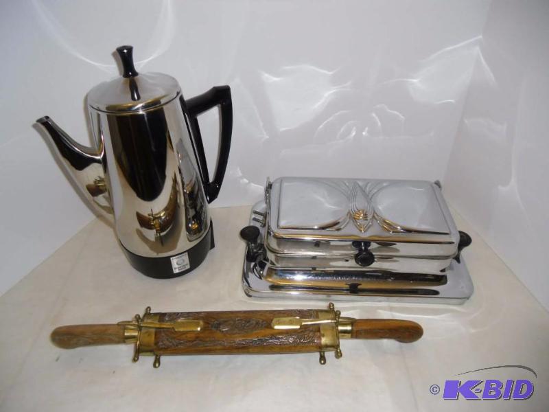lot 28 image: Mid-Century Kitchen  Presto Electric Coffee Pot  Carving Set in Wood Holder  Bersted Covered Press
