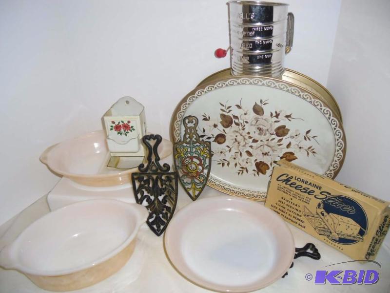 lot 3 image: Retro Kitchen  Fire King Peach Luster Dishes, Match Safe, Iron Trivets, Bromwells Sifter