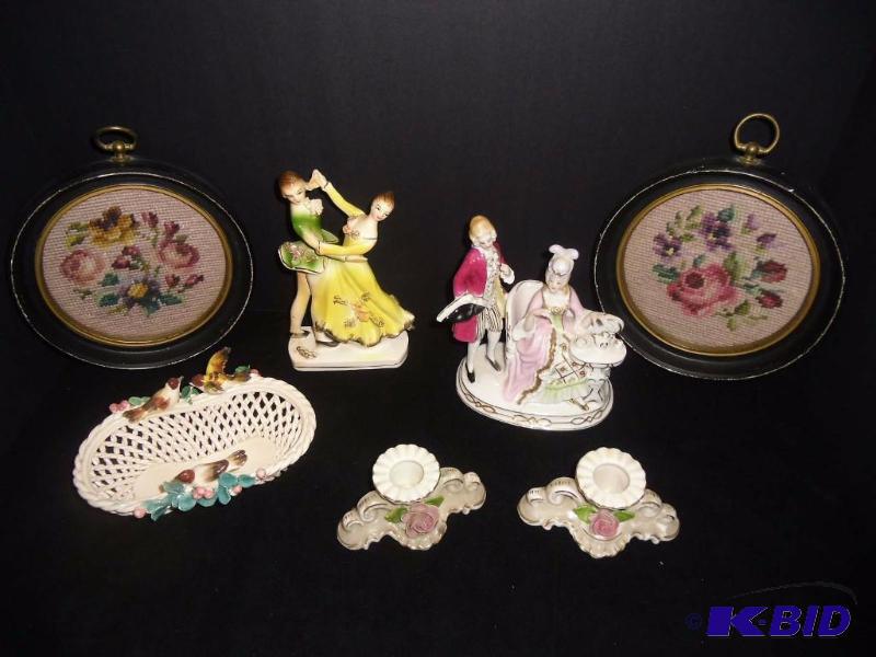 lot 8 image: Knick-Knacks Vintage Figurines, Dresden Candle Holders, Porcelain Basket Italy & Framed Needlepoint