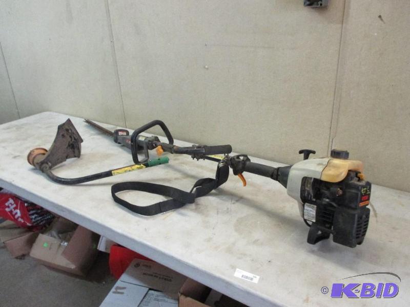 lot 105 image: Ryobi weed whip with hedge trimmer attachment...