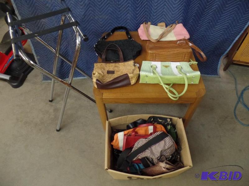 Box of Handbags and Luggage Rack
