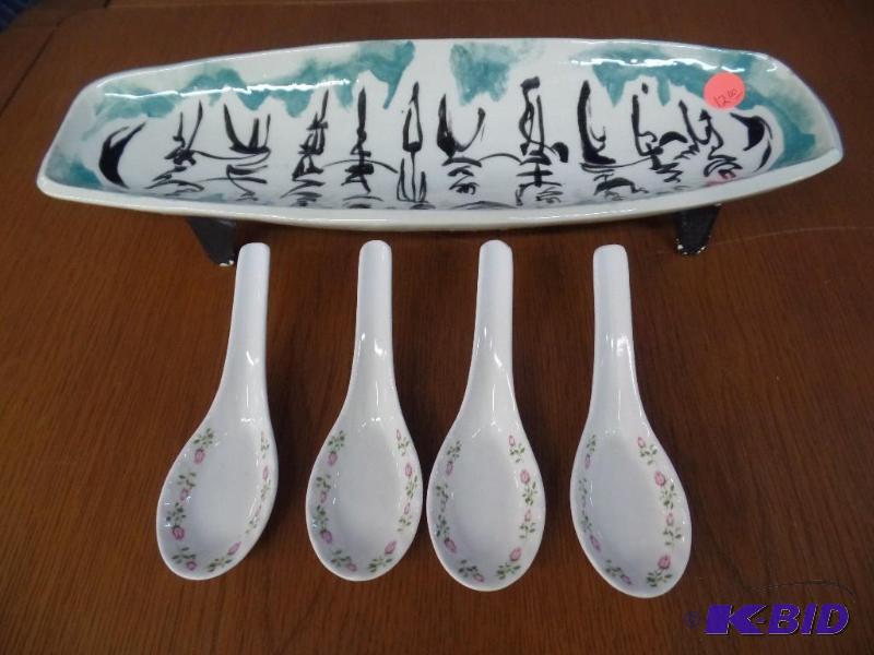 Chinese Porcelain Soup Spoons and Decorative Serving Dish