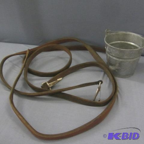 lot 205 image: Leather reins, Galvanized Bucket