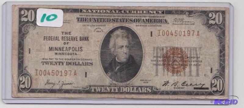 Very Rare 1928 $20 Minneapolis National Currency