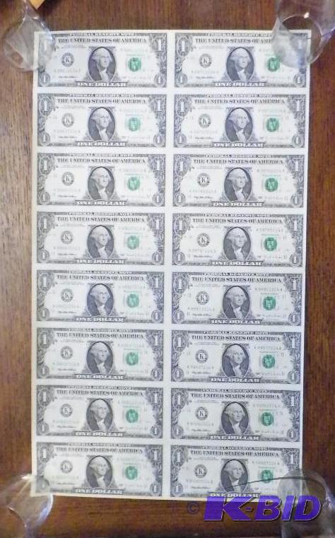 Uncut Sheet of 16 $1.00 Bills