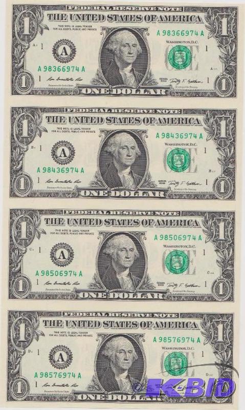 Uncut Sheet of 4 $1.00 Bills